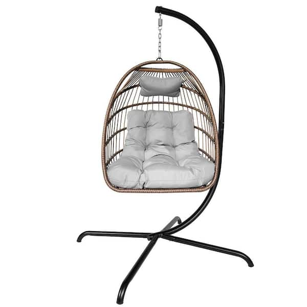 Unbranded Indoor Outdoor Wicker Rattan Patio Hanging Chair, Swing Egg Chair with C Type Bracket and Gray Cushions