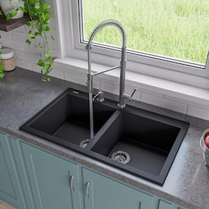 Drop-In Granite Composite 33.88 in. 1-Hole 50/50 Double Bowl Kitchen Sink in Black