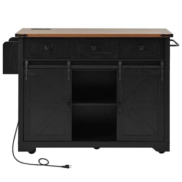 Black Outdoor Wood Tabletop Grill Cart for BBQ, Patio Cabinet with Power Outlet, 2 Sliding Barn Door, Drop Leaf