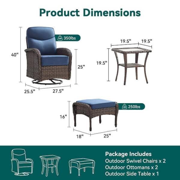 Moonridge 5-Piece Brown Wicker Patio Conversation Set with 6 in. Olefin Blue Cushions/Patio Swivel Chair with Ottoman