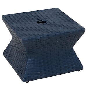 16 in. Square Outdoor Wicker Side Table with Umbrella Hole Navy