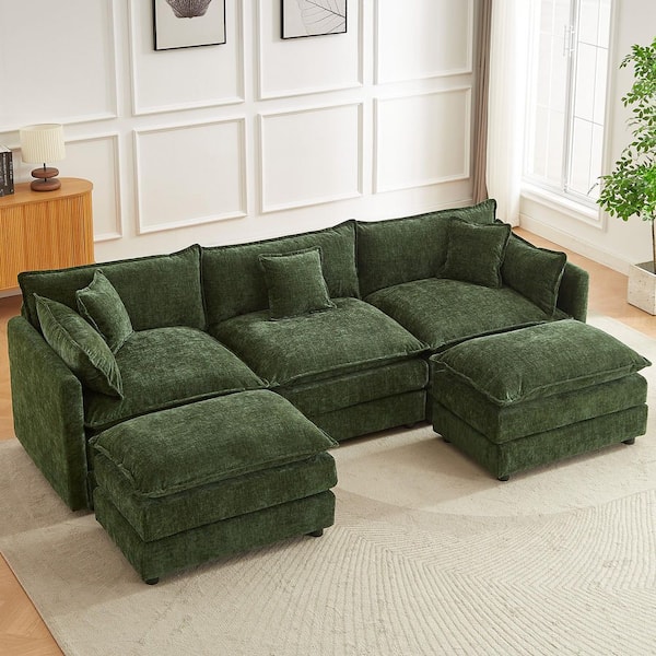 112.2 in. Square Arm U-Shaped Chenille Deluxe Pillow-Styled Modular Sectional Sofa in. Green with 2 Ottoman