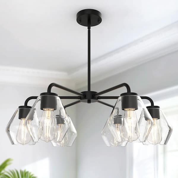 28 in. 6-Light Black Modern Semi-Flush Mount Pendant Lighting, Adjustable Height with Glass Shades for Dining Room