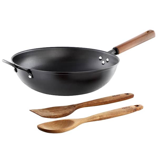 3 Piece 13.8 inch Nonstick Carbon Steel Wok and Tool Set