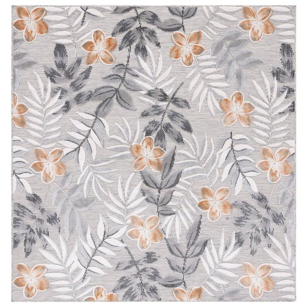 Cabana Gray/Ivory 4 ft. x 4 ft. Botanical Floral Indoor/Outdoor Square Area Rug