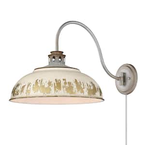 Kinsley Aged Galvanized Steel Hardwired/Plug-In Swing Arm Wall Lamp with Antique Ivory Shade