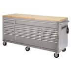 72 in. x 24 in. D Standard Duty 18-Drawer Mobile Workbench Tool Chest with Solid Wood Top in Stainless Steel