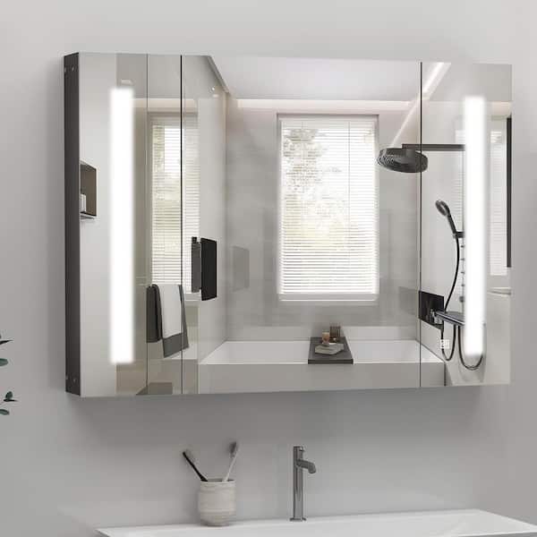 Andrea 35.5 in. W x 25.5 in. H Large Rectangular Surface Mount LED Medicine Cabinet with Mirror and with 3-Cupboards in Black