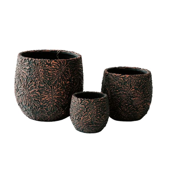XBRAND 17.7", 12.6" and 9"W Round Brown and Bronze Fiberstone/Cement Indoor Outdoor Planters (Set of 3) with Drain Hole