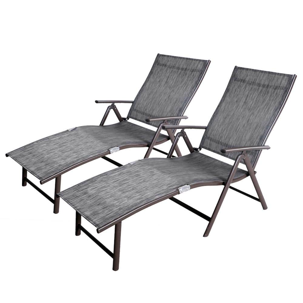 Set of 2 Gray and Brown Aluminum Adjustable Chaise Lounges