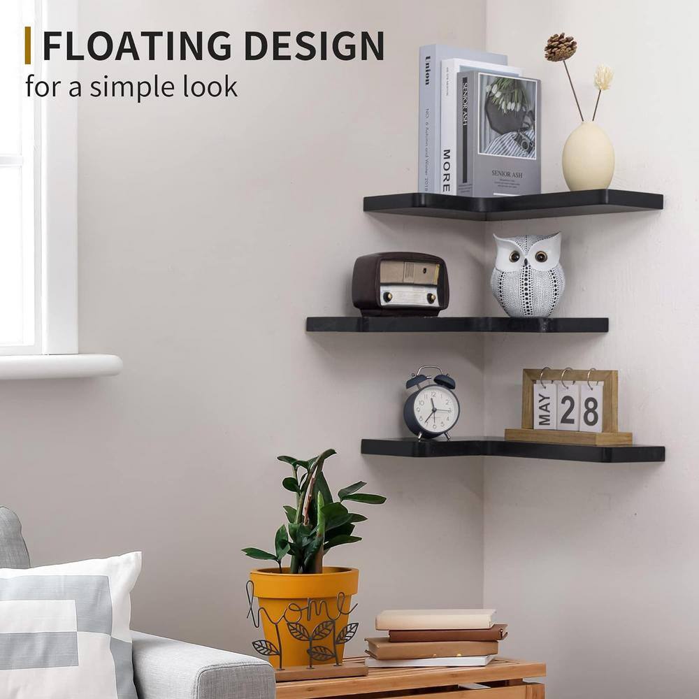 Black Wood 3-Tier Corner Floating Wall Shelves