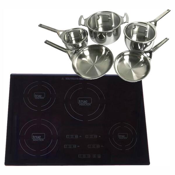 True Induction 30 in. Glass Induction Cooktop in Black with 4 Induction Elements Including Cookware