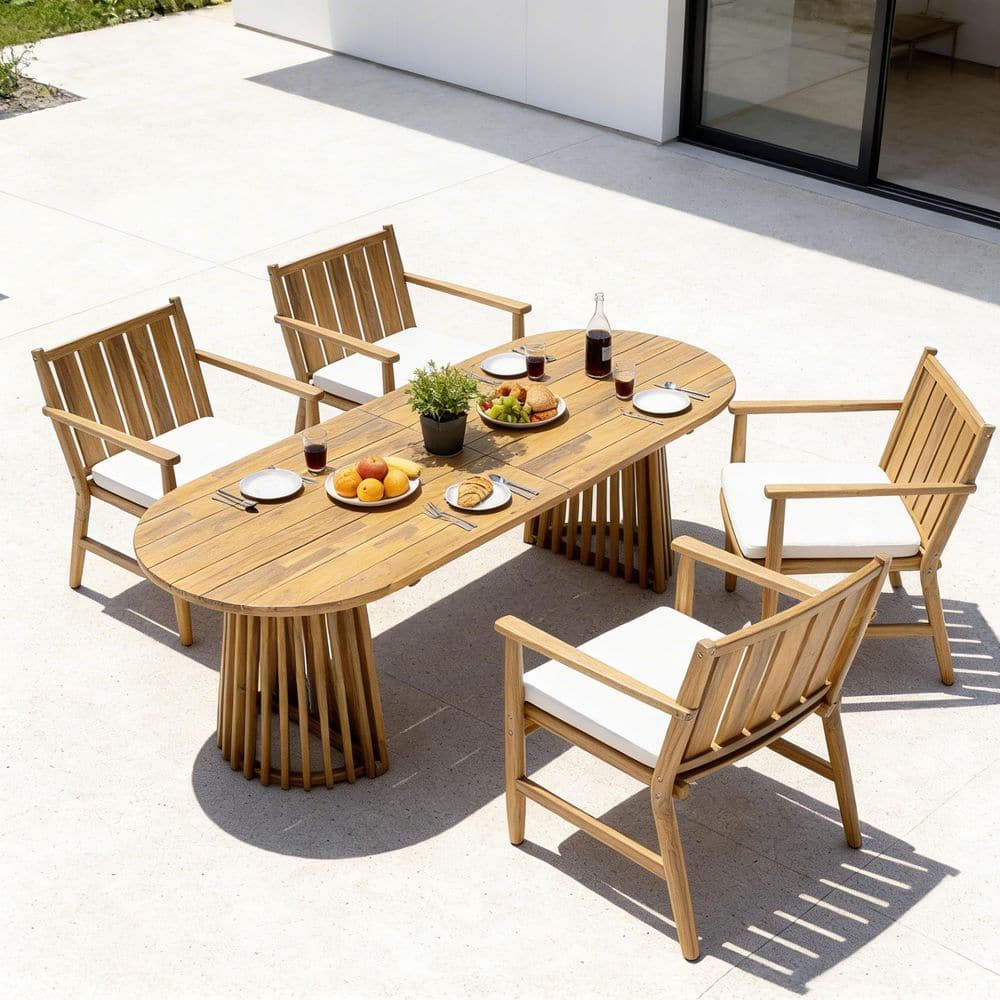 Pag 5-Piece Solid Wood Oval Patio Outdoor Dining Set with Beige Cushions, Teak Finish price history on PriceWatchPro