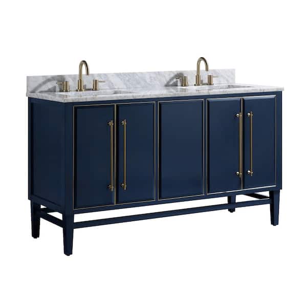 Mason 61 in. Double Sink Navy Blue with Gold Trim Bath Vanity with Carrara White Marble Top