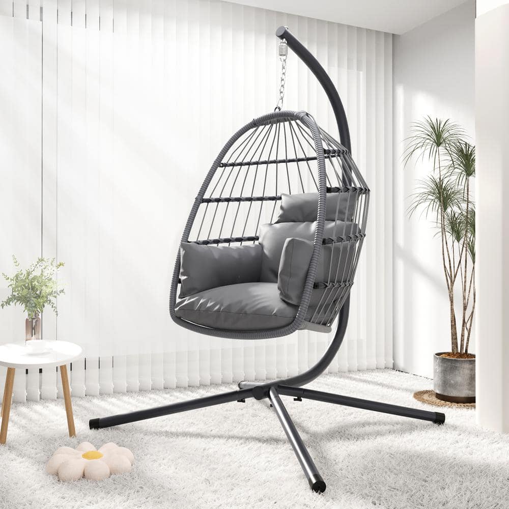 AUTMOON Foldable Hanging Egg Chair with Stand Up to 350 lbs. Indoor Outdoor Wicker Egg Swing All Weather Rattan Egg Chair W400138526 The Home Depot