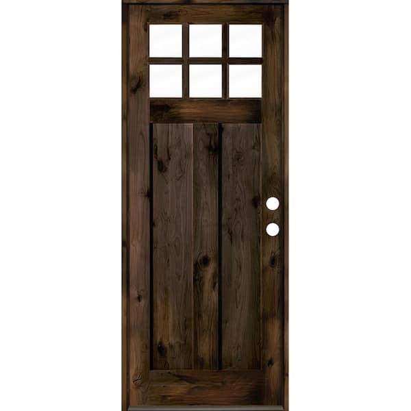  32 in. x 96 in. Craftsman knotty alder Left-Hand/Inswing 6 Lite Clear Glass Black Stain Solid Wood Prehung Front Door