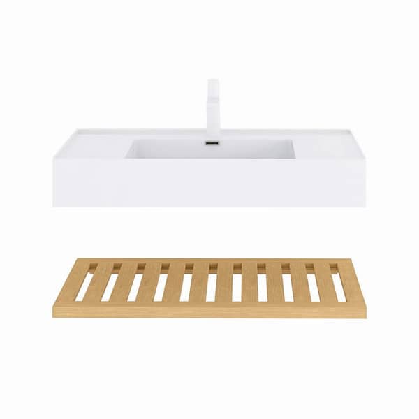 35.43 in. W x 18.11 in. D x 8.15 in. H Wall-Mounted Bath Vanity in Natural Wood with White Acrylic Top