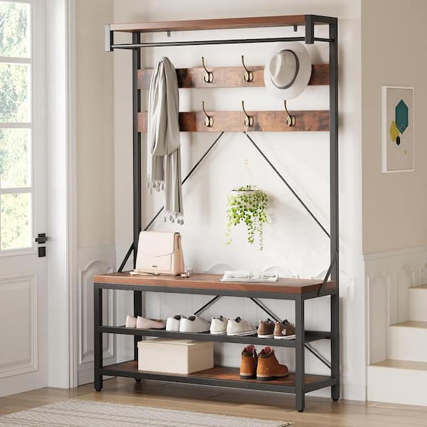 Garvee Brown Metal Wood Rectangular Coat Rack, Shoe Rack Bench