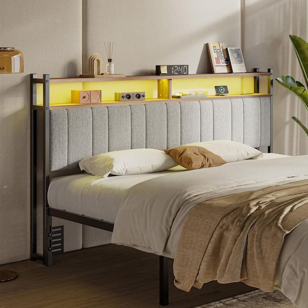 Gray King Linen Upholstered Storage Headboard LED Headboard with Charging Station