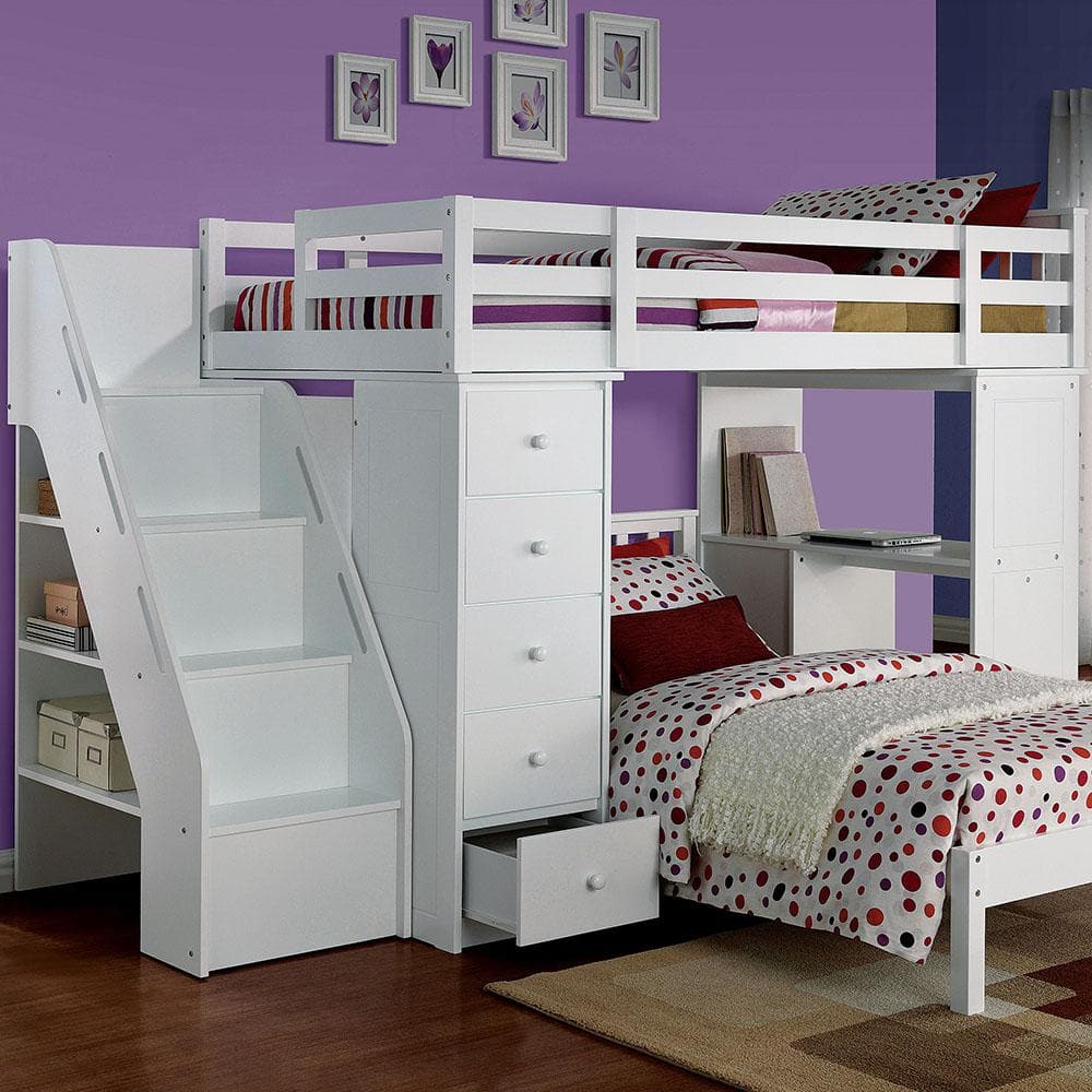 White Twin Loft Bed with Bookcase and Storage Drawers