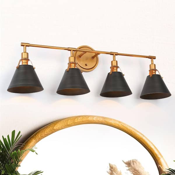 LNC 31.5 in. 4-Light Brushed Vintage Gold Bathroom Vanity Light Classic Gray Metal Bell Powder Room Wall Sconce