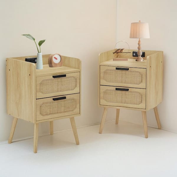 Spaco Rattan 2-Drawers Nightstand with Socket, 2-Piece (15.6 in. W x 14 in. D x 23.83 in. H)