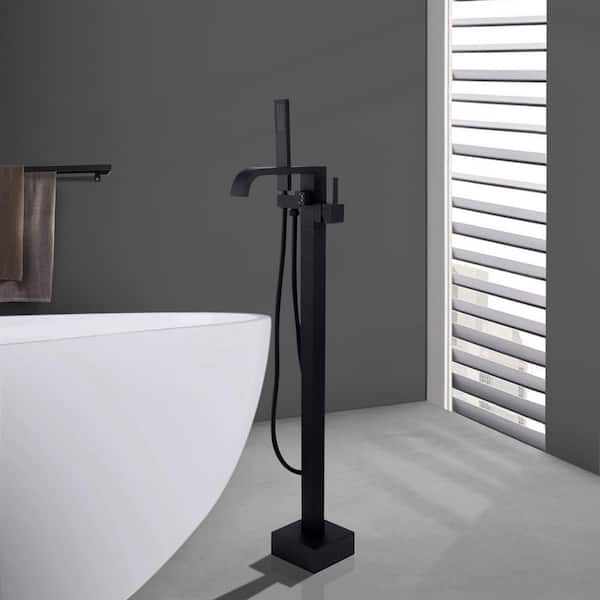 Single-Handle Floor Mount Freestanding Tub Faucet with Hand Shower in Matte Black
