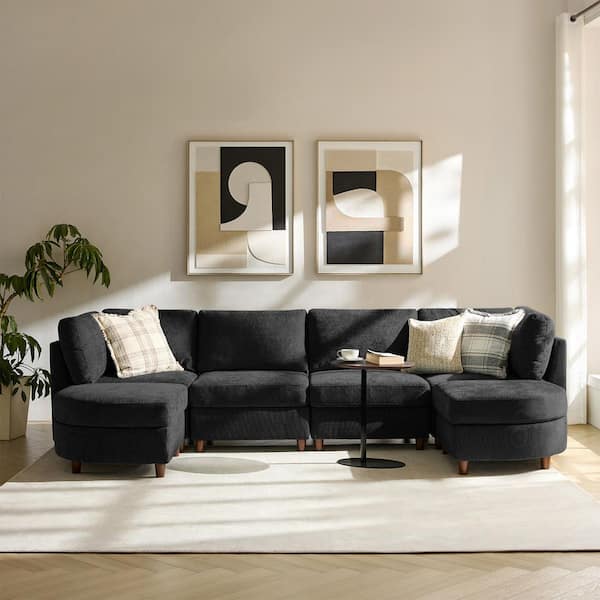Gianna 125 in. Straight Arm Polyester Symmetrical Modular Sofa with Integrated Table in. Black