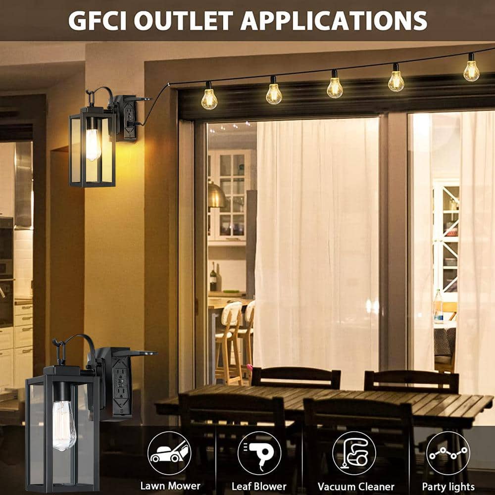 Matte Black Outdoor Lantern Sconce with Clear Glass and GFCI Outlets