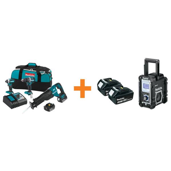Makita 18-Volt LXT Lithium-Ion Brushless Cordless Combo Kit (3-Tool) 4.0Ah with Bonus 3.0Ah Battery (2-Pack) and Job Site Radio