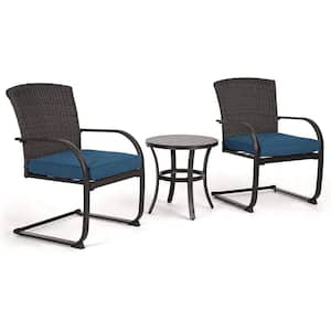 Full Iron 3-Piece Wicker Outdoor Patio Conversation Set Chatting Table and Chair with Detachable Peacock Blue Cushions