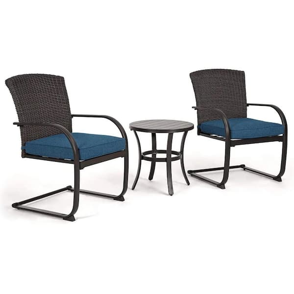 ITOPFOX Full Iron 3-Piece Wicker Outdoor Patio Conversation Set Chatting Table and Chair with Detachable Peacock Blue Cushions