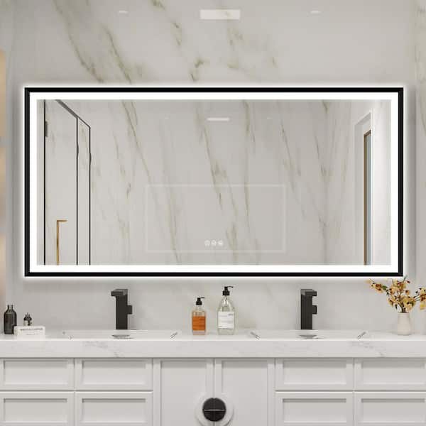 72 in. W x 36 in. H Rectangular Framed Wall LED Bathroom Vanity Mirror in Matte Black, Dimmable, Backlit and Frontlit