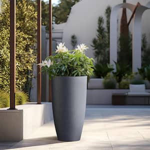 Lightweight 13.5in. x 24in. Granite Gray Extra Large Tall Round Concrete Plant Pot / Planter for Indoor & Outdoor