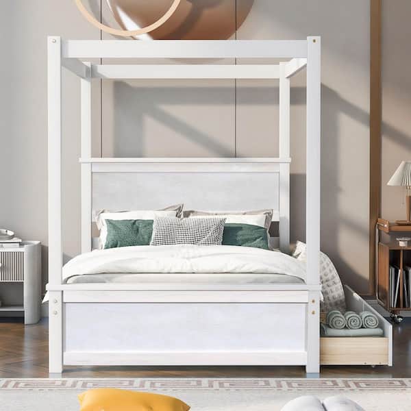Ezra White Wood Frame Full Size Canopy Bed with 2-Drawers, Headboard, Support Slats