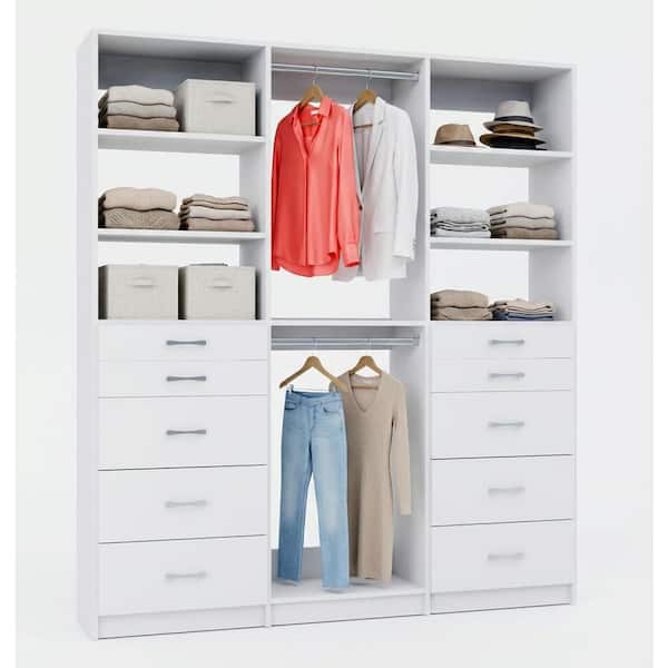 Alto Collection 60 in. W White Tower System 2 5-Drawer and Double Hang 13-Shelf Wood Closet System