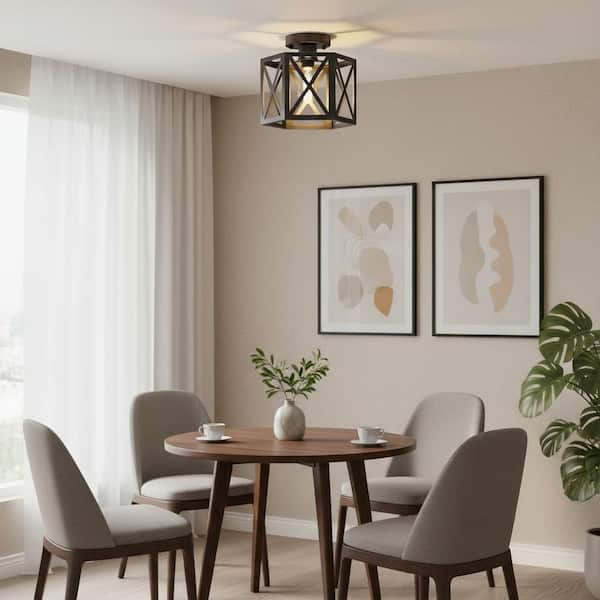 8 in. 1-Light Matte Black Industrial Semi Flush Mount Ceiling Light, Metal Cage Farmhouse Light for Entryway, Hallway