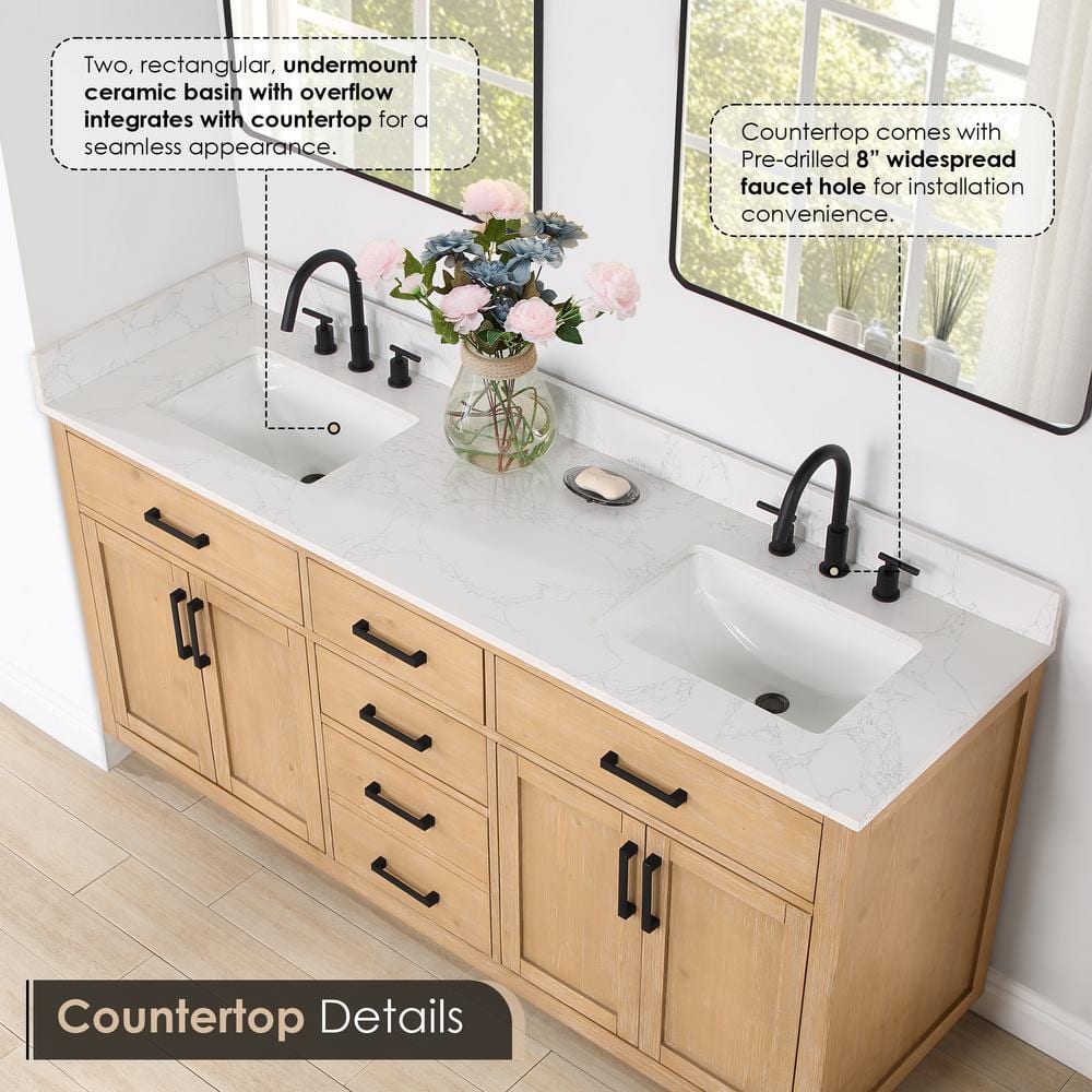 Gavino 72" Light Brown Wood Double Vanity with Composite Stone Top