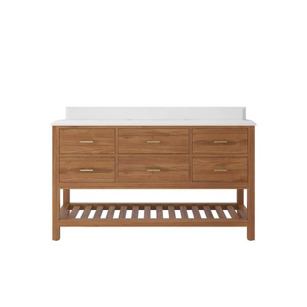 Willow Collections Parker Teak 60 in. W x 22 in. D x 36 in. H Single Sink Bath Vanity in Golden Teak with 1.5 in. White Quartz Top