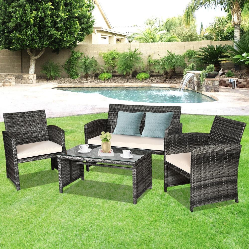 4 Pieces Patio Wicker Patio Conversation Set With Glass Table and Off White