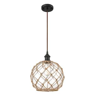 Farmhouse Rope 1-Light Oil Rubbed Bronze Globe Pendant Light with Clear Glass with Brown Rope Glass and Rope Shade