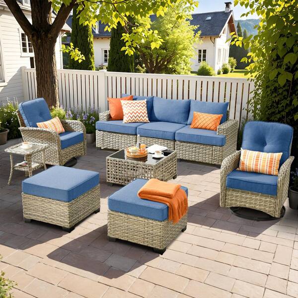 Torino Gray 9-Piece Modern Wicker Patio Conversation Deep Seating Set with Swivel Rocking Chairs and Denim Blue Cushions