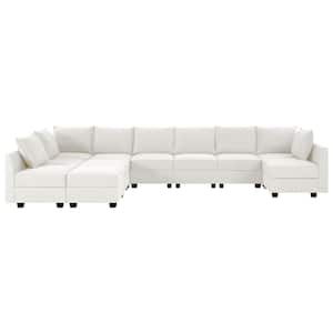 Modern 9-Seater Upholstered Sectional Sofa with Double Ottoman - White Down Linen
