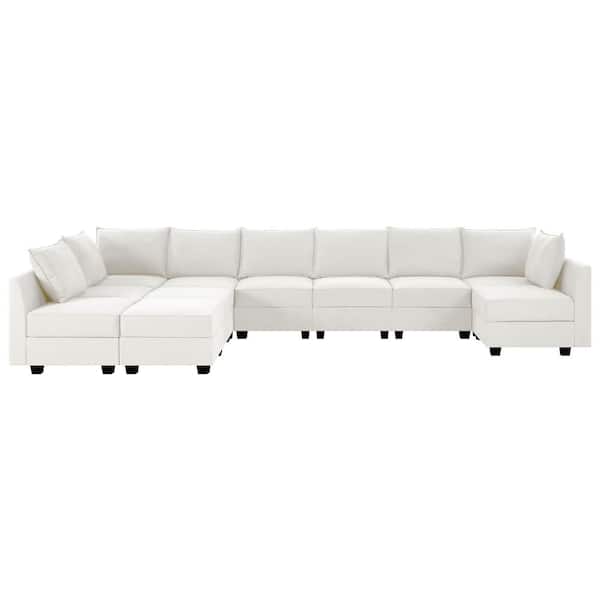 HOMESTOCK 164.38 in Modern 9-Seater  Sectional Sofa with Double Ottoman - White Down Linen Sofa Couch for Living Room/Office