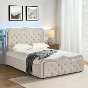 Delia White Classic Button-Tufted Storage Metal Frame King Platform Bed with LED light