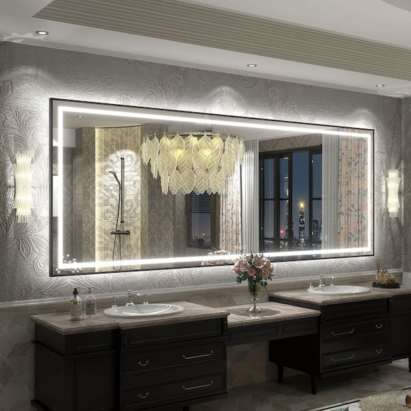 Apmir 96 in. W x 36 in. H Rectangular Framed Front & Back LED Lighted Anti-Fog Wall Bathroom Vanity Mirror in Tempered Glass