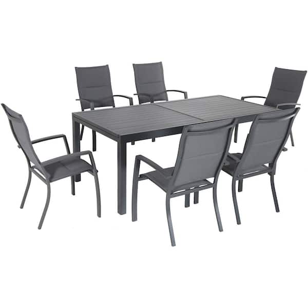 Hanover Naples 7-Piece Aluminum Outdoor Dining Set with 6 Padded Sling Chairs and a 40 in. x 118 in. Expandable Dining Table