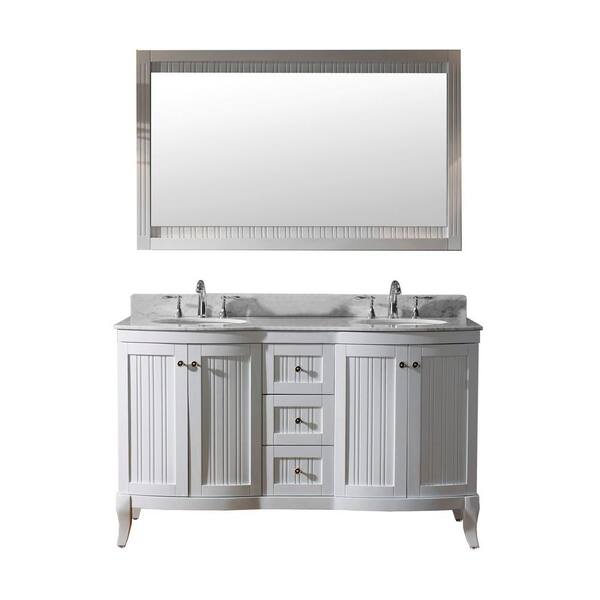 Virtu USA Khaleesi 61 in. W Bath Vanity in White with Marble Vanity Top in White with Round Basin and Mirror