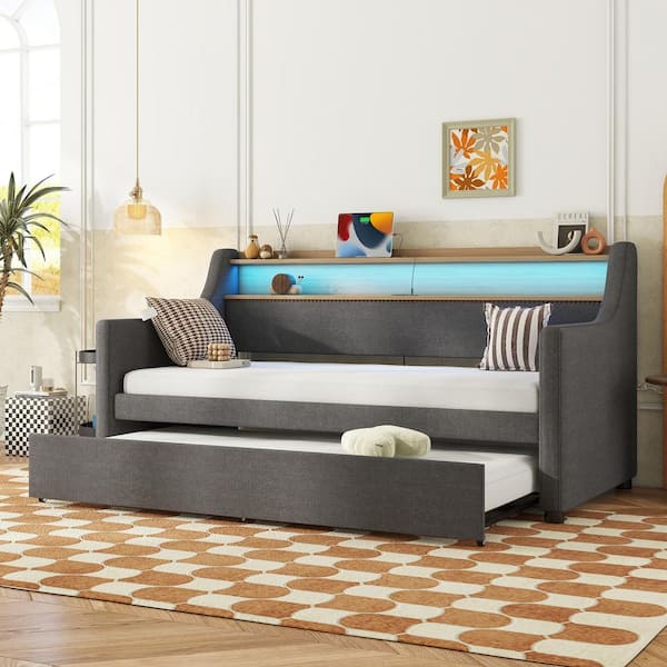 Nestfair Gray Twin Size Upholstered Daybed with Trundle, Charging Station and LED Lights