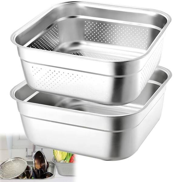 2-in-1 Large Capacity Square Washing Up Bowl, Rustproof Stainless Steel, Stackable Multi-use Colander Set of 1